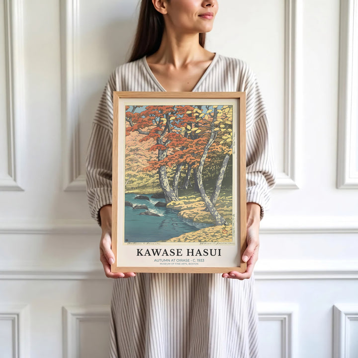 High-definition Japanese landscape print Autumn at Oirase artwork by artist Kawase Hasui referencing Shin-hanga masterworks at Oirase Mountain Stream. Order custom framed, unframed, and canvas print options at MapYourDreams.