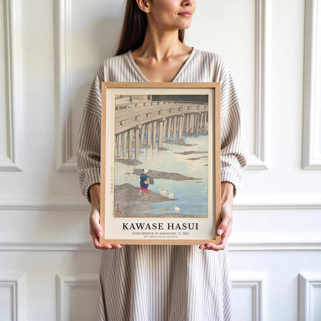 High-definition Japanese landscape print Gion Bridge at Amakusa artwork by artist Kawase Hasui referencing Shin-hanga masterworks at Gion Bridge in Amakusa. Order custom framed, unframed, and canvas print options at MapYourDreams.