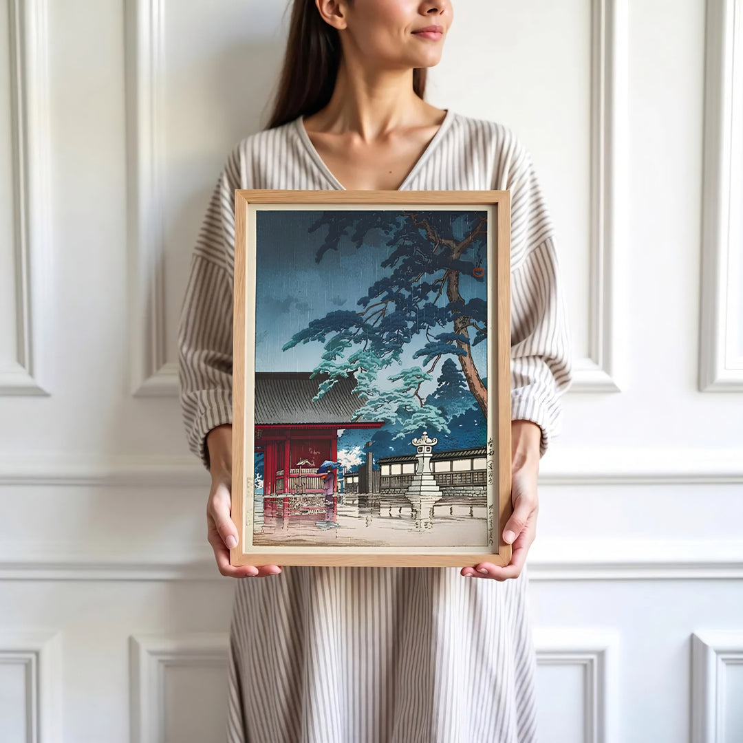 High-definition Japanese landscape print Spring Rain Gokokuji Temple artwork by artist Kawase Hasui referencing Shin-hanga masterworks at Spring Rain Gokokuji Temple. Order custom framed, unframed, and canvas print options at MapYourDreams.
