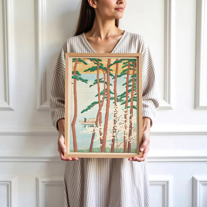 High-definition Japanese landscape print Spring at Arashiyama Kyoto artwork by artist Kawase Hasui referencing Shin-hanga masterworks at Spring at Arashiyama Kyoto. Order custom framed, unframed, and canvas print options at MapYourDreams.