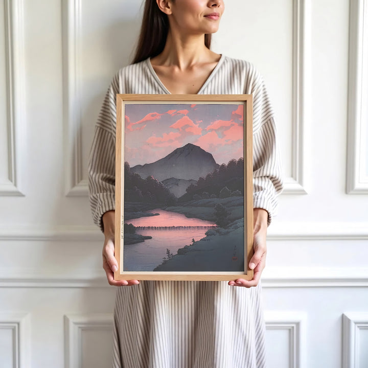 High-definition Japanese landscape print Sunset at Oirase artwork by artist Kawase Hasui referencing Shin-hanga masterworks at Sunset at Oirase. Order custom framed, unframed, and canvas print options at MapYourDreams.