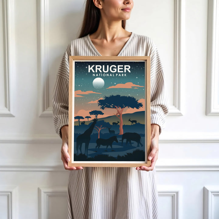 Kruger National Park safari poster showing soft peach clouds and twinkling stars crossing a deep teal sky over dark savanna landscape hills. Offered by MapYourDreams, this artwork is available in flexible options including unframed paper, custom wooden frames, and gallery canvas wraps for tailored home wall decor setups.
