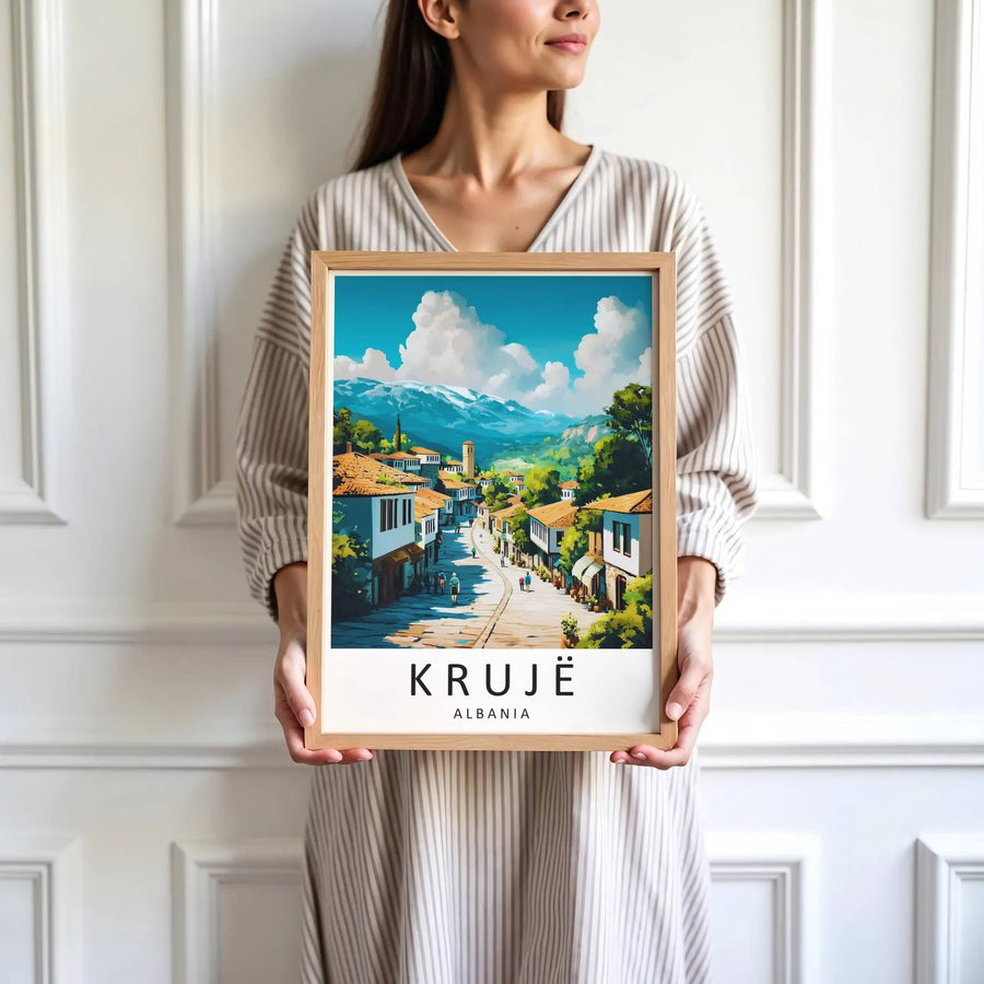 Vibrant terracotta roofs and charming bazaar alleyways define the historic mountaintop city center of Krujë in central Albania. MapYourDreams produces this image in unframed paper, custom wooden frames, and stretched canvas options.
