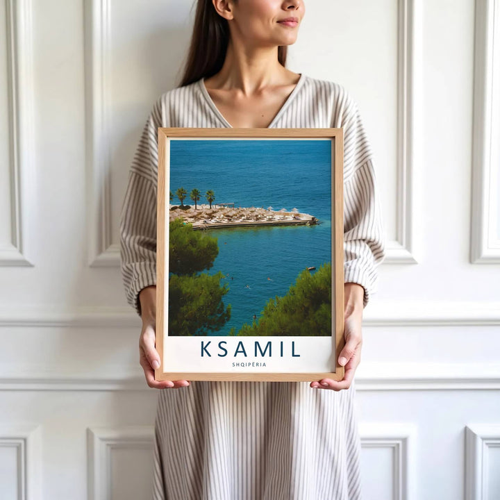 Vibrant green pine foliage and charming sandy beach coves define the coastal tourist center of Ksamil in southern Albania. MapYourDreams produces this image in unframed paper, custom wooden frames, and stretched canvas options.