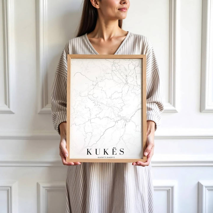 Winding mountain roads around Kukës create a fascinating visual texture in this minimalist black-and-white Albania map print. Offered in customizable options such as unframed archival paper, wood framing, and stretched canvas wraps.