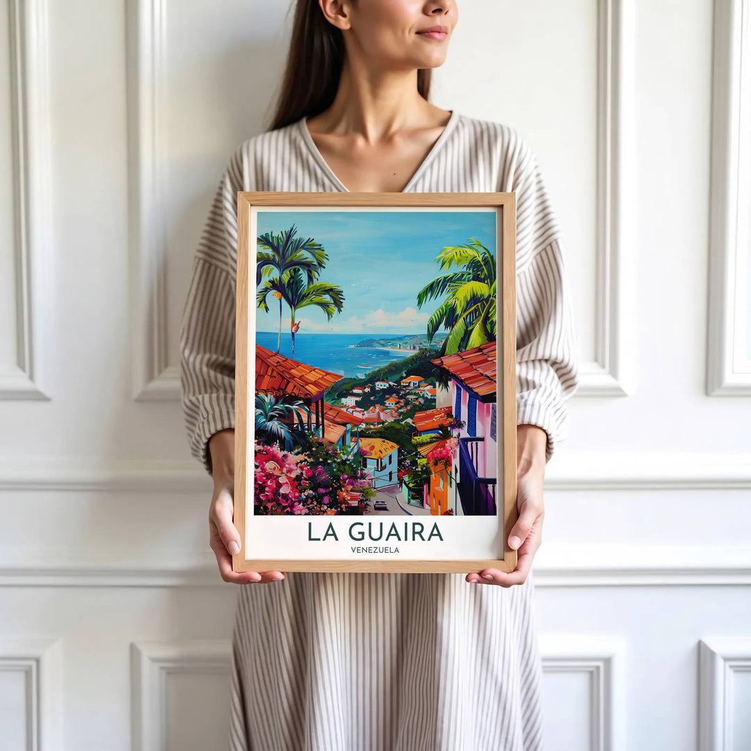 Saturated terracotta and blue travel print showing the hillside buildings and Caribbean waters of La Guaira in Venezuela. Skillfully produced by MapYourDreams, this artwork is provided in multiple formats including unframed paper stock, custom frames, or stretched canvas wraps.