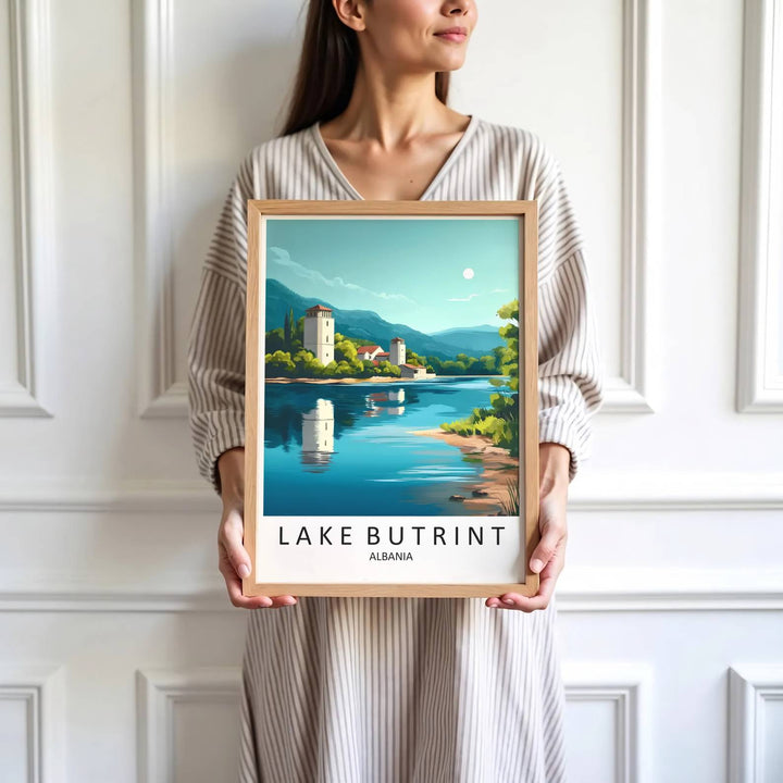 Vibrant white stone architecture and calm lake coves define the historic natural landscape of Lake Butrint in southern Albania. MapYourDreams produces this image in unframed paper, custom wooden frames, and stretched canvas options.