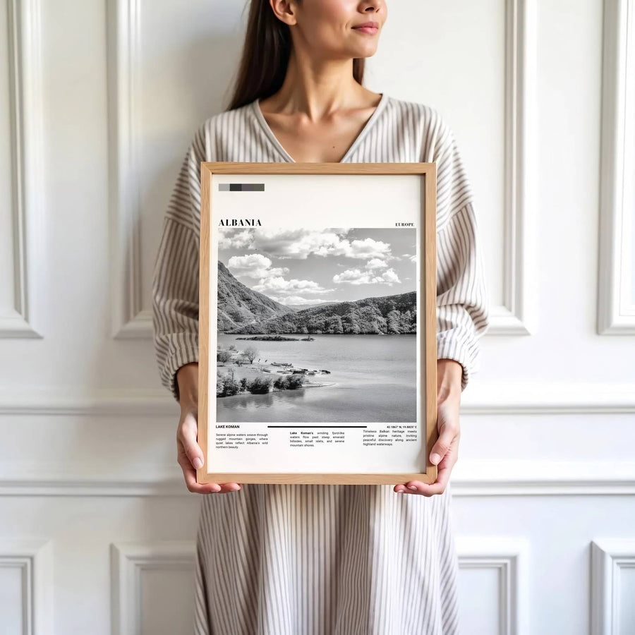 Vibrant forest canopies converted into rich grayscale tones define the natural beauty of Lake Koman in northern Albania. MapYourDreams produces this image in unframed paper, custom wooden frames, and stretched canvas options.