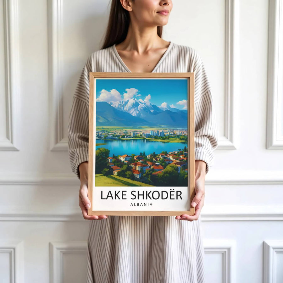 Vibrant red roof tiles and calm blue lake coves define the historic natural landscape of Lake Shkodër in northern Albania. MapYourDreams produces this image in unframed paper, custom wooden frames, and stretched canvas options.