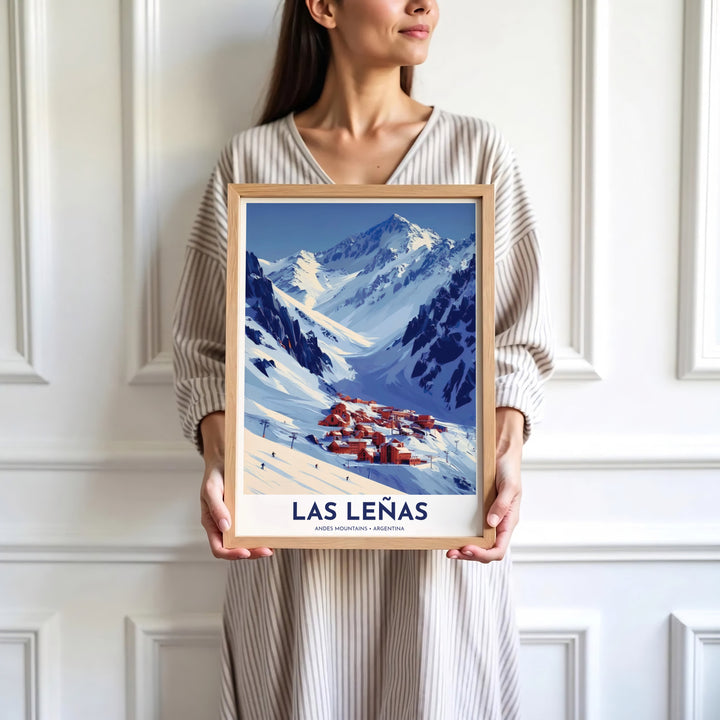 Saturated cobalt and white winter print showing the snow-covered valley and ski lifts of Las Leñas in Argentina. Skillfully produced by MapYourDreams, this artwork is provided in multiple formats including unframed paper stock, custom frames, or stretched canvas wraps.