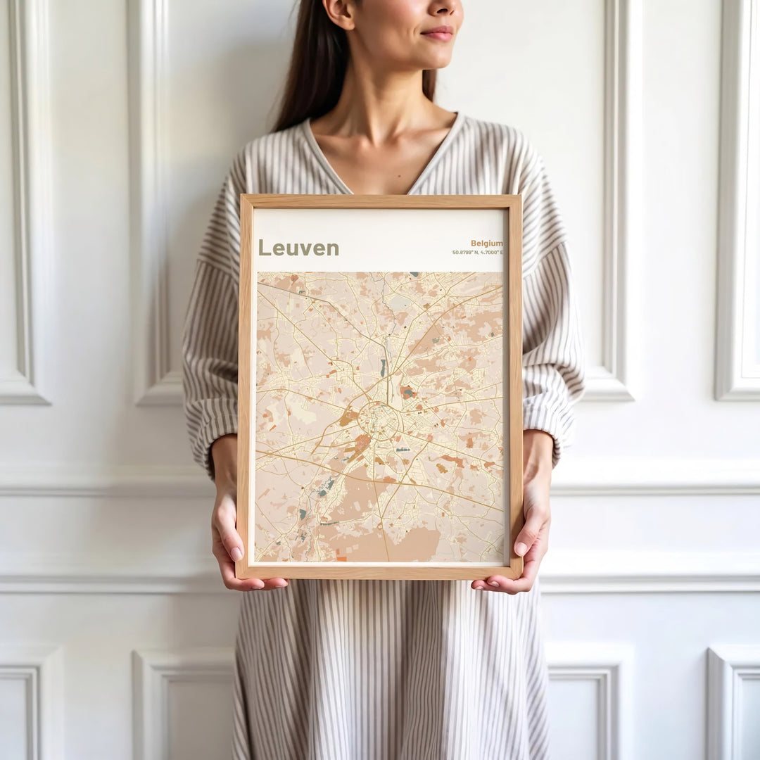 Sophisticated terracotta cartography wall decor displaying coordinates and roads for Leuven, Belgium. Available in multiple presentation styles such as unframed paper prints, custom framed posters, and gallery stretched canvas.