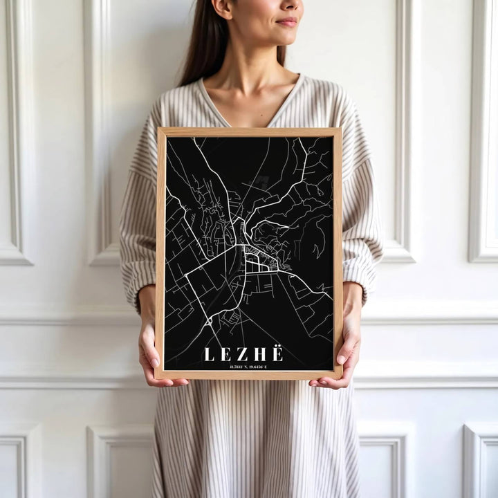 High-contrast monochrome cartography celebrates northwestern Albania’s Lezhë municipality, making it a thoughtful gift for travel lovers and locals alike. MapYourDreams makes this available in unframed paper, custom framed styles, and gallery canvas wraps.