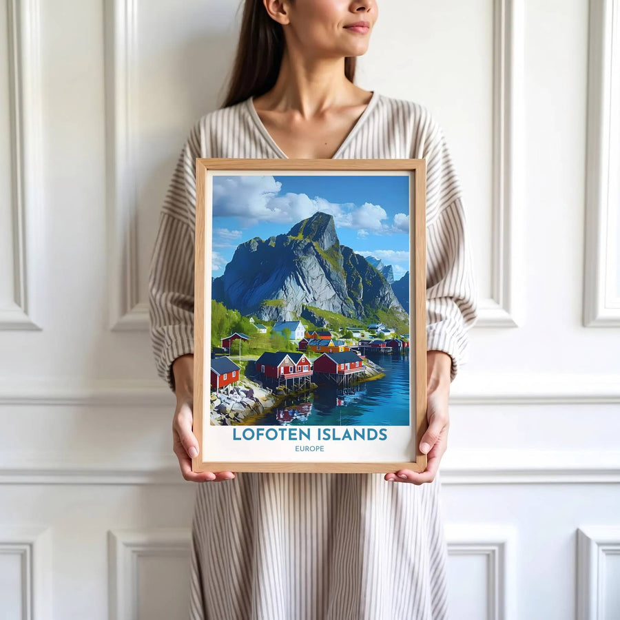 High detail landscape print depicting Hamnoy wooden cabins, fjord waters, and Mount Olstinden sheer cliff walls in Norway. Brought by MapYourDreams, this artwork is available in flexible options including unframed paper, custom wooden frames, and gallery canvas wraps for study room decor.