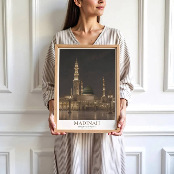 High detail night photo print depicting Masjid an Nabawi minarets, Green Dome, marble plaza, and golden light lamps in Madinah. Brought by MapYourDreams, this artwork is available in flexible options including unframed paper, custom wooden frames, and gallery canvas wraps for study room decor.