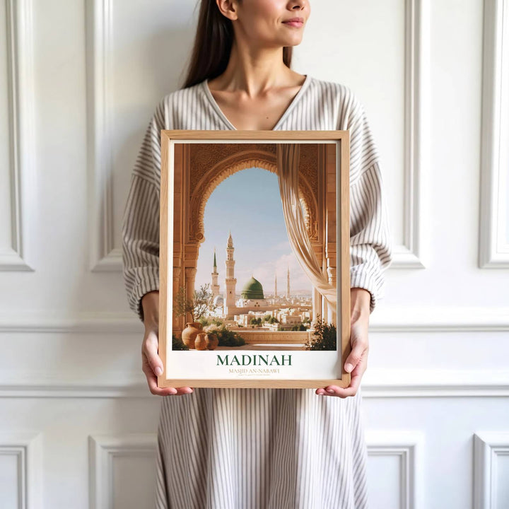 High detail arch view print depicting Masjid an Nabawi minarets, Green Dome, clay urns, and stone carvings in Madinah. Brought by MapYourDreams, this artwork is available in flexible options including unframed paper, custom wooden frames, and gallery canvas wraps for study room decor.