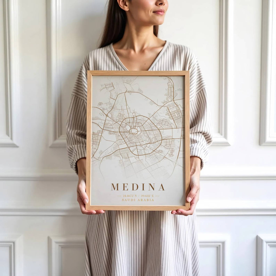 High detail cartography print depicting Medina ring roads, avenues, street grid, and geographic coordinate typography. Brought by MapYourDreams, this artwork is available in flexible options including unframed paper, custom wooden frames, and gallery canvas wraps for study room decor.