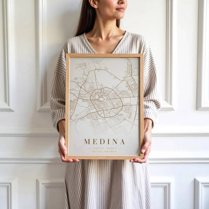 High detail cartography print depicting Medina ring roads, avenues, street grid, and geographic coordinate typography. Brought by MapYourDreams, this artwork is available in flexible options including unframed paper, custom wooden frames, and gallery canvas wraps for study room decor.