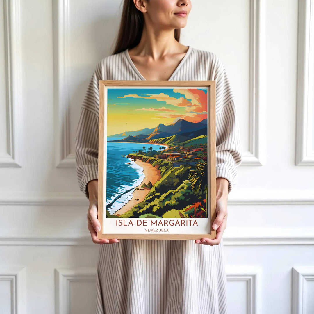 Saturated coral and blue travel print showing the beach, cliffs, and mountains of Margarita Island in Venezuela. Skillfully produced by MapYourDreams, this artwork is provided in multiple formats including unframed paper stock, custom frames, or stretched canvas wraps.