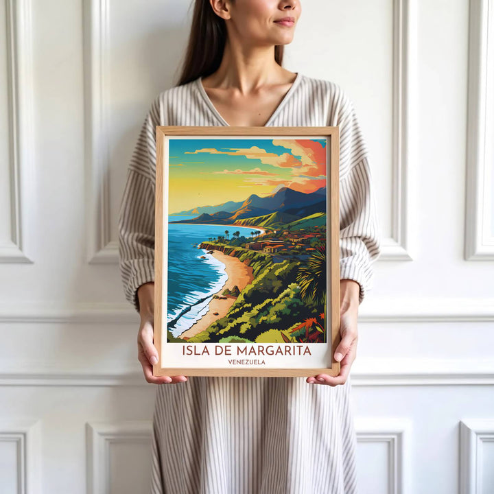 Saturated coral and blue travel print showing the beach, cliffs, and mountains of Margarita Island in Venezuela. Skillfully produced by MapYourDreams, this artwork is provided in multiple formats including unframed paper stock, custom frames, or stretched canvas wraps.