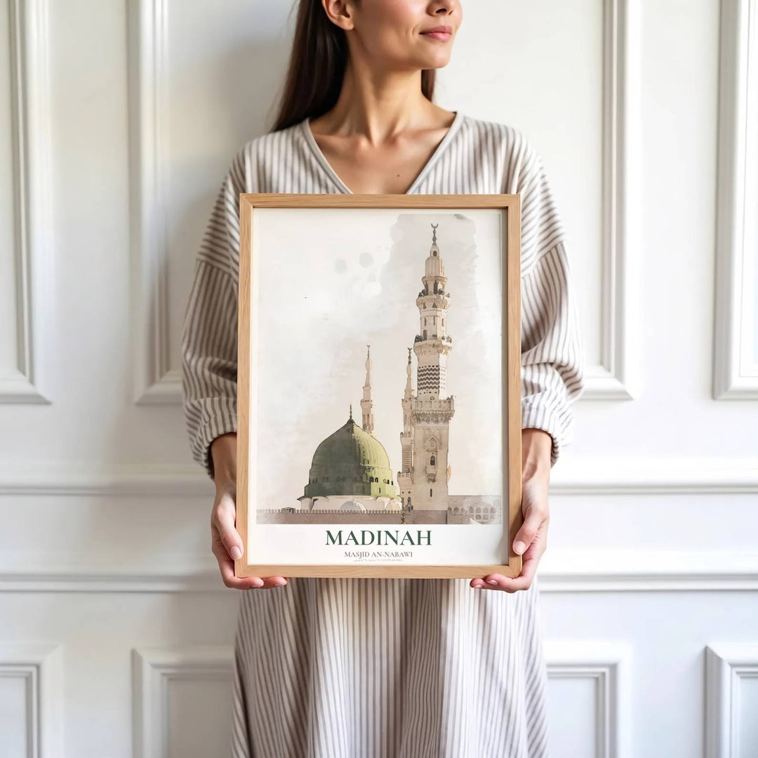 High detail watercolor print depicting Masjid an Nabawi minarets, Green Dome, and subtle paint washes in Medina Saudi Arabia. Brought by MapYourDreams, this artwork is available in flexible options including unframed paper, custom wooden frames, and gallery canvas wraps for study room decor.