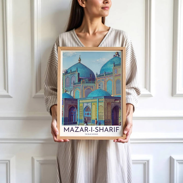 High detail architectural print depicting Mazar-i-Sharif Blue Mosque domes, pointed arches, cobalt walls, and golden finials. Brought by MapYourDreams, this artwork is available in flexible options including unframed paper, custom wooden frames, and gallery canvas wraps for study room decor.