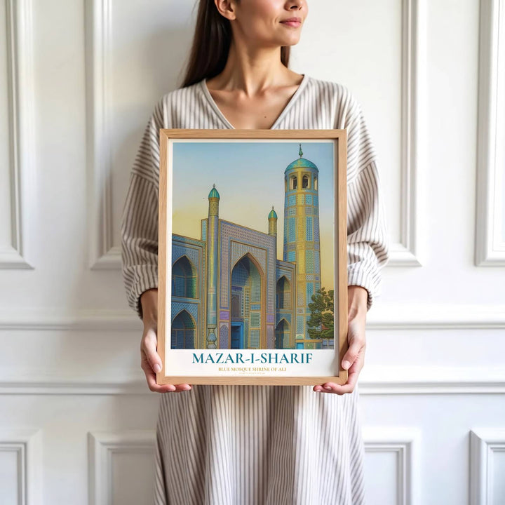 High detail architectural print depicting Mazar-i-Sharif Blue Mosque minarets, pointed arches, cobalt walls, and turquoise domes. Brought by MapYourDreams, this artwork is available in flexible options including unframed paper, custom wooden frames, and gallery canvas wraps for study room decor.