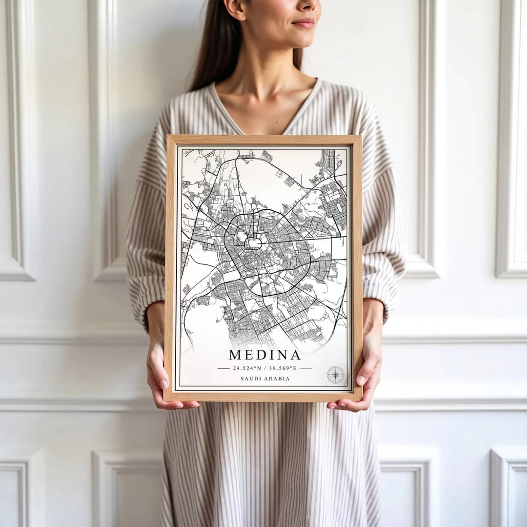 High detail cartography print depicting Medina ring roads, avenues, street grid, and geographic coordinate typography with compass rose. Brought by MapYourDreams, this artwork is available in flexible options including unframed paper, custom wooden frames, and gallery canvas wraps for study room decor.