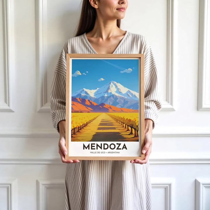 Saturated golden yellow and cerulean blue travel print showing the grapevine path and Andes mountains of Mendoza in Argentina. Skillfully produced by MapYourDreams, this artwork is provided in multiple formats including unframed paper stock, custom frames, or stretched canvas wraps.