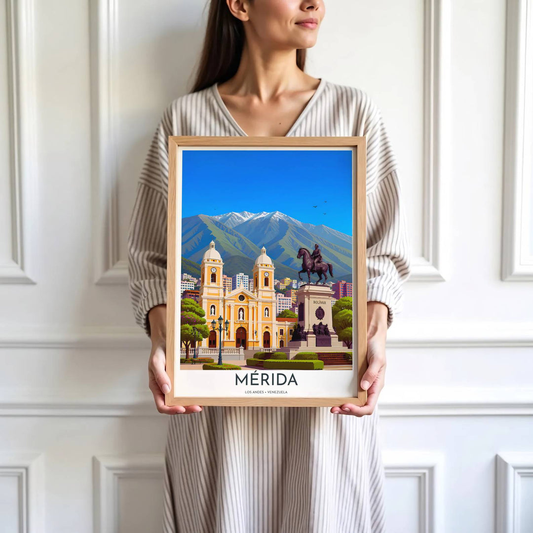 Saturated yellow and blue travel print showing the Cathedral Basílica and snow-capped Andes mountains of Mérida in Venezuela. Skillfully produced by MapYourDreams, this artwork is provided in multiple formats including unframed paper stock, custom frames, or stretched canvas wraps.