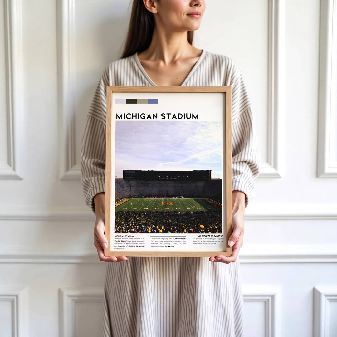 High detail sports print depicting Michigan Stadium bowl, turf graphics, spectator stands, and narrative text. Brought by MapYourDreams, this artwork is available in flexible options including unframed paper, custom wooden frames, and gallery canvas wraps for study room decor.