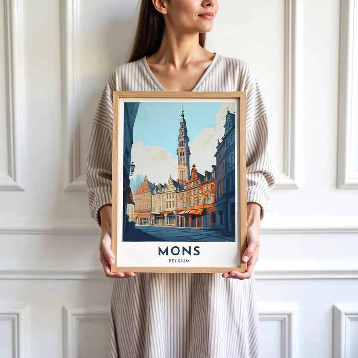 Sophisticated retro travel wall decor displaying bold typography and colorful city buildings for Mons, Belgium. Available in multiple presentation styles such as unframed paper prints, custom framed posters, and gallery stretched canvas.