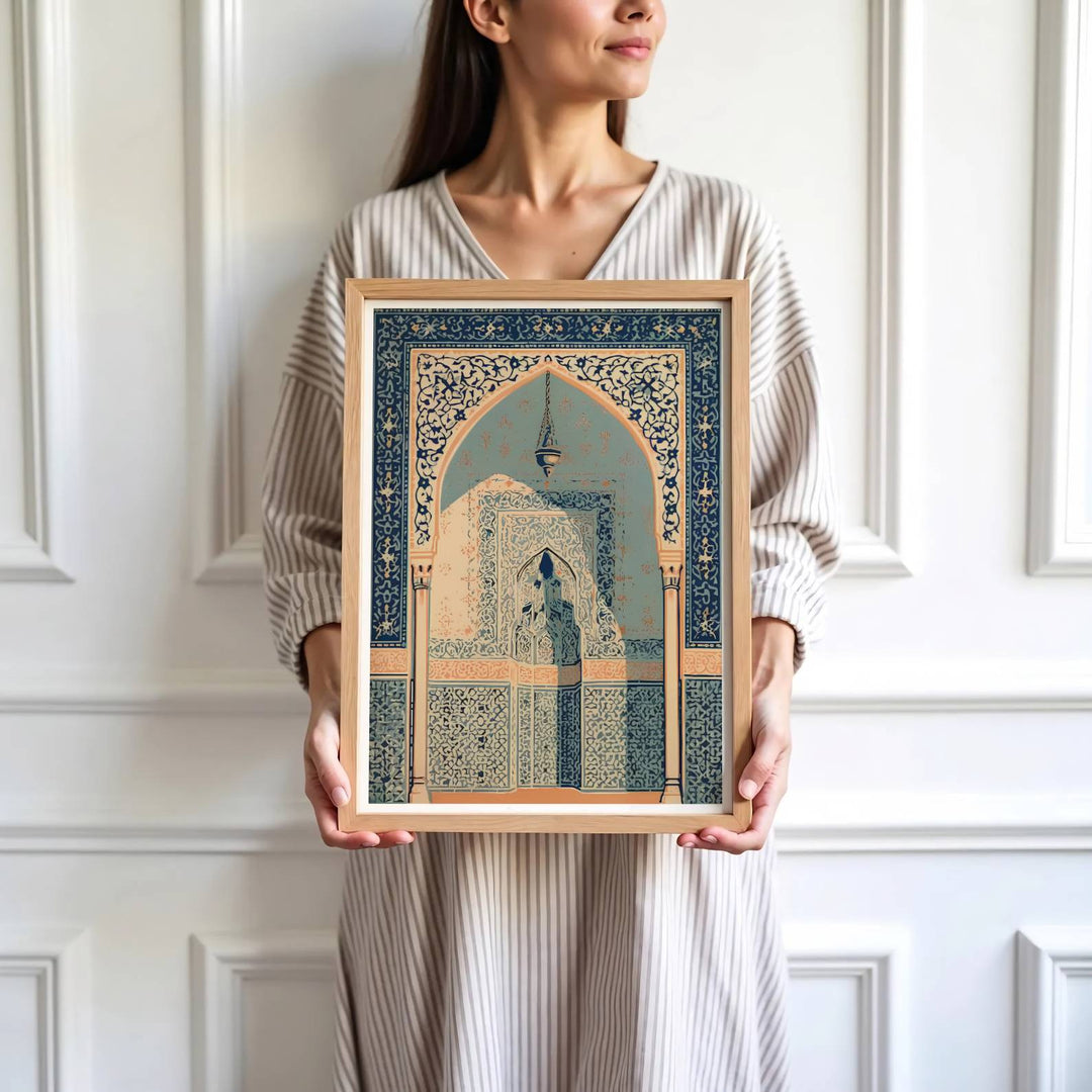 High detail graphic print depicting Alhambra horseshoe arch, hanging brass oil lantern, plaster carvings, and blue tile borders. Brought by MapYourDreams, this artwork is available in flexible options including unframed paper, custom wooden frames, and gallery canvas wraps for study room decor.