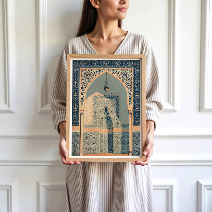 High detail graphic print depicting Alhambra horseshoe arch, hanging brass oil lantern, plaster carvings, and blue tile borders. Brought by MapYourDreams, this artwork is available in flexible options including unframed paper, custom wooden frames, and gallery canvas wraps for study room decor.
