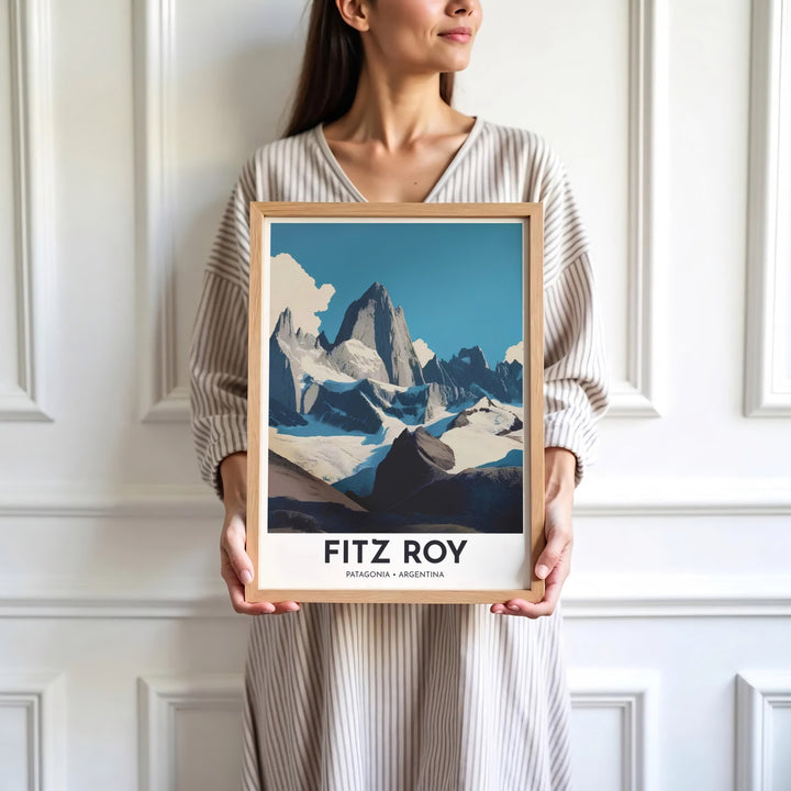 Saturated slate blue and navy mountain print showing the snow-covered slopes and rocky summit of Mount Fitz Roy in Argentina. Skillfully produced by MapYourDreams, this artwork is provided in multiple formats including unframed paper stock, custom frames, or stretched canvas wraps.