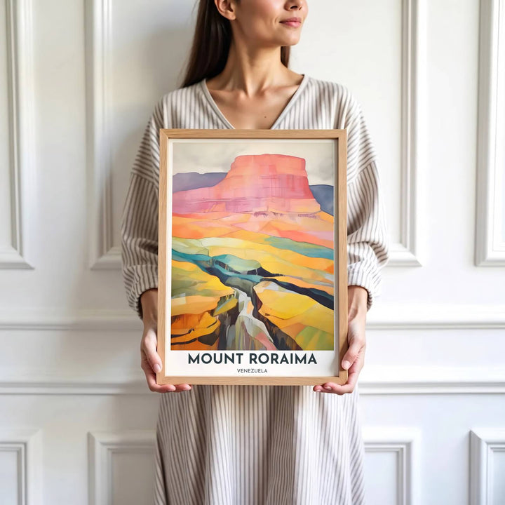 Saturated pink and yellow travel print showing the tepui cliff and canyon gorge of Mount Roraima in Venezuela. Skillfully produced by MapYourDreams, this artwork is provided in multiple formats including unframed paper stock, custom frames, or stretched canvas wraps.