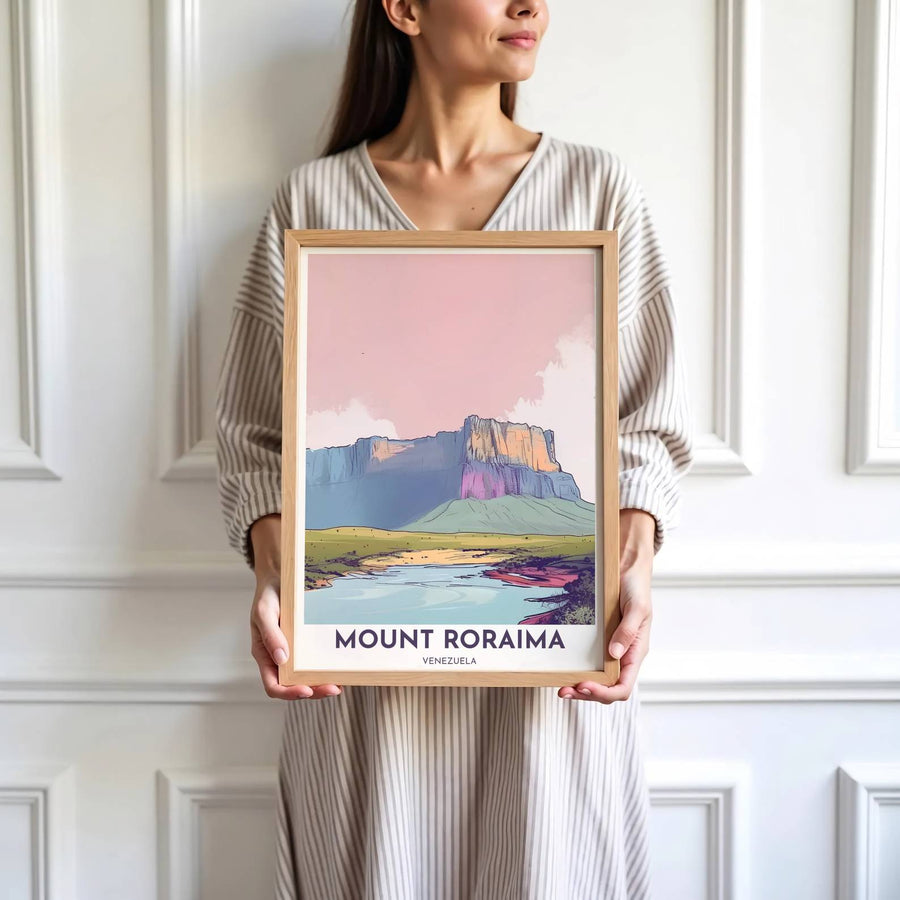 Saturated pink and blue travel print showing the tepui cliff and reflecting river of Mount Roraima in Venezuela. Skillfully produced by MapYourDreams, this artwork is provided in multiple formats including unframed paper stock, custom frames, or stretched canvas wraps.