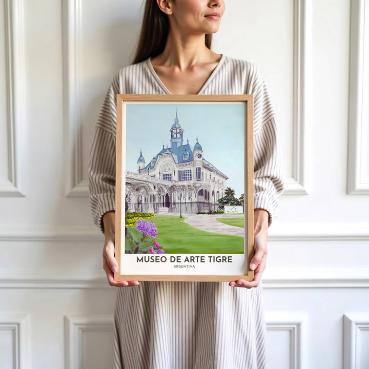 Soft pastel blue and purple garden print showing the French manor architecture of Museo de Arte Tigre in Argentina. Skillfully produced by MapYourDreams, this artwork is provided in multiple formats including unframed paper stock, custom frames, or stretched canvas wraps.