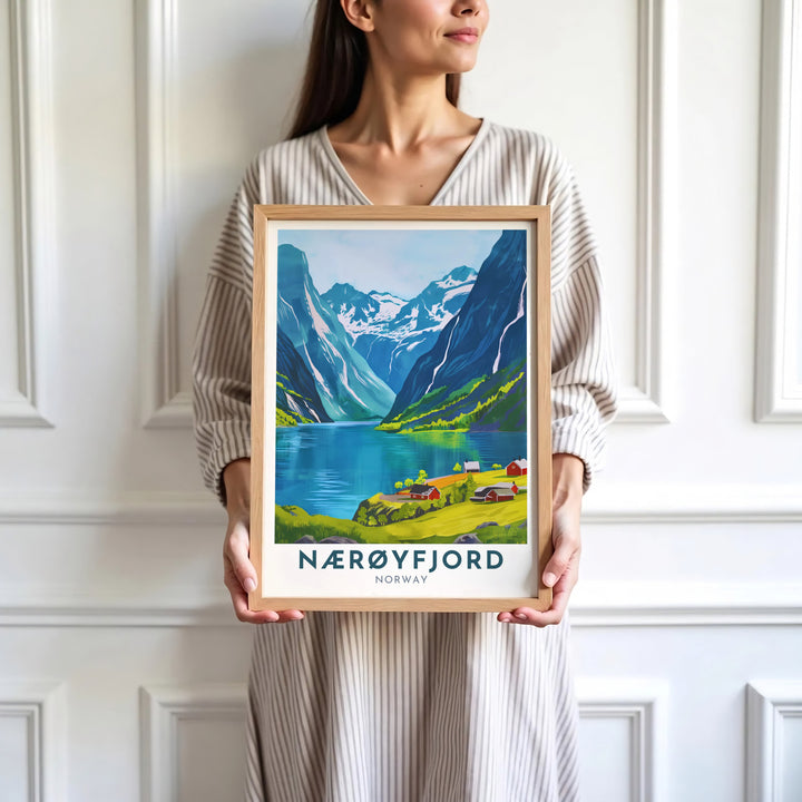 Bold graphic depiction of the famous Nærøyfjord scenery in Norway with steep mountains rising above red shore cabins. Offered by MapYourDreams, this travel artwork is customizable as an unframed poster print, ready-to-display framed print, or premium gallery wrap canvas.
