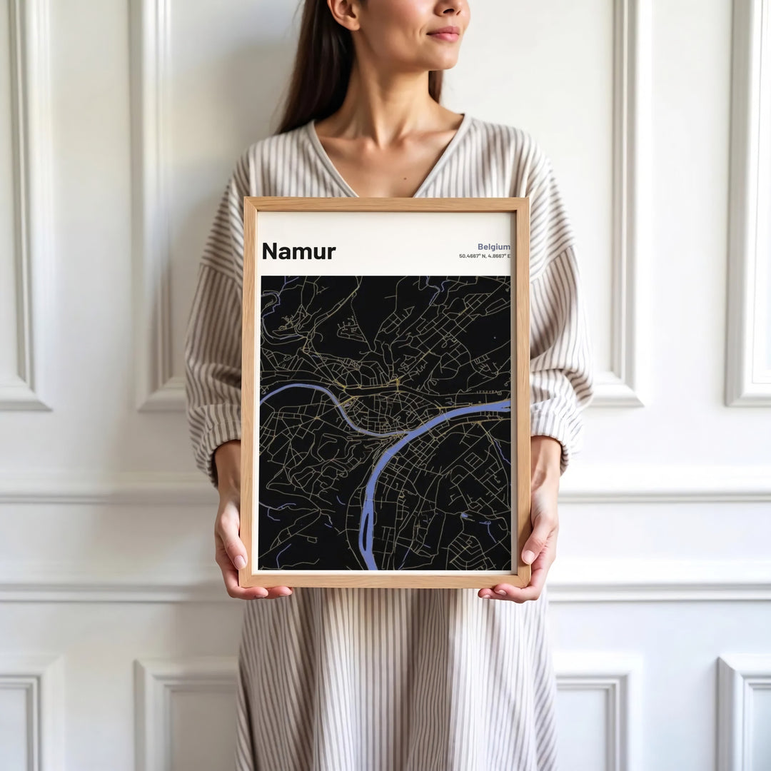 Dramatic gold, blue, and black street map design of Namur, Belgium, bringing modern moodiness and geographical elegance to wall decor. Offered by MapYourDreams, this artwork is available in flexible options including unframed paper, custom wooden frames, and gallery canvas wraps.