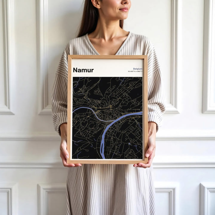 Dramatic gold, blue, and black street map design of Namur, Belgium, bringing modern moodiness and geographical elegance to wall decor. Offered by MapYourDreams, this artwork is available in flexible options including unframed paper, custom wooden frames, and gallery canvas wraps.