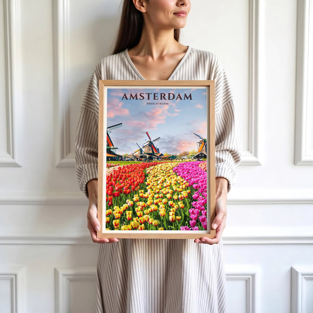Contemporary photographic print of Netherlands tulip fields under a warm evening sunset sky, presented by MapYourDreams where customers can choose from unframed paper posters, ready-to-hang canvas decor, or custom framed wall art choices.