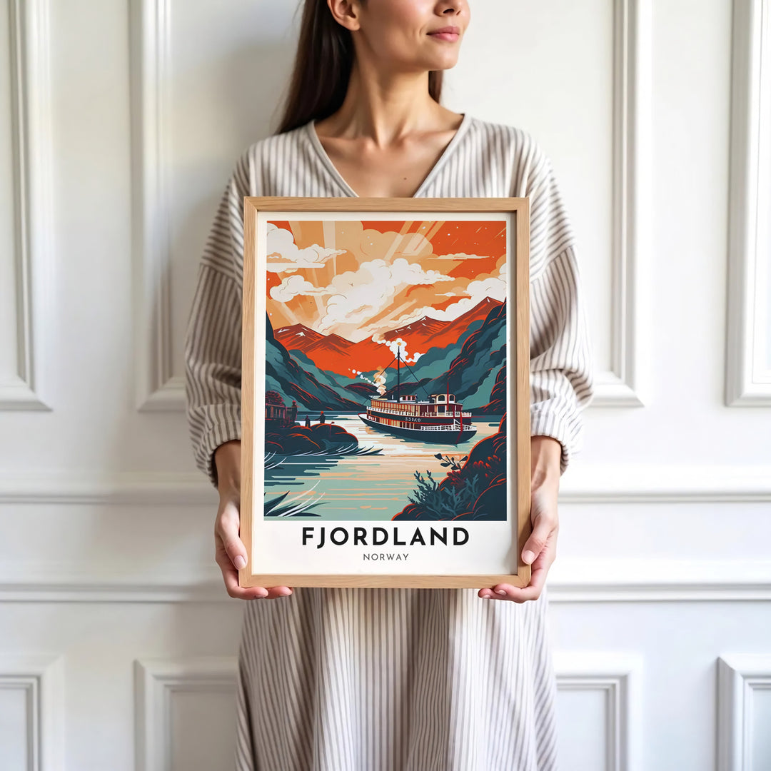 Striking mid-century travel poster of a steamboat on a scenic Norwegian fjord with radiant sunset rays and peak silhouettes. Offered by MapYourDreams, this travel artwork is customizable as an unframed poster print, ready-to-display framed print, or premium gallery wrap canvas.