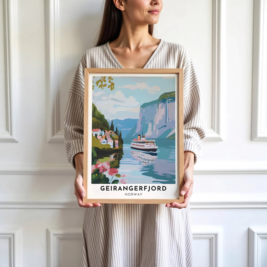 Serene graphic artwork of Geirangerfjord Norway capturing a vintage passenger ship sailing through peaceful fjord waters and cliffs. Decorate your office or living room with this versatile print, offered as a fine art unframed print, gallery wrapped canvas, or elegant framed art piece.