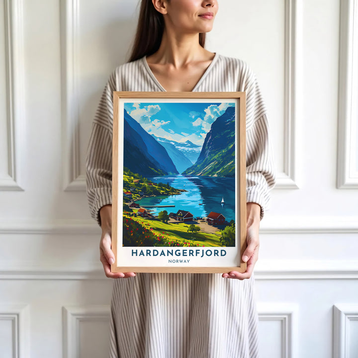Serene graphic artwork of Hardangerfjord Norway capturing peaceful fjord waters, mountain valleys, and a cozy village shore. Decorate your office or living room with this versatile print, offered as a fine art unframed print, gallery wrapped canvas, or elegant framed art piece.