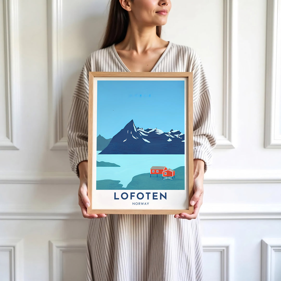 Clean poster of Lofoten in Norway with traditional red stilt houses beneath a majestic Arctic mountain peak. Offered by MapYourDreams, this travel artwork is customizable as an unframed poster print, ready-to-display framed print, or premium gallery wrap canvas.