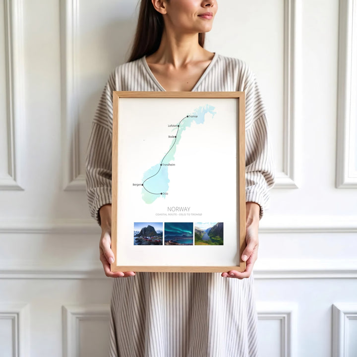 Coastal route map of Norway tracing the connection between Oslo and Tromsø with northern lights photo inserts below. Decorate your home with options ranging from simple unframed poster paper to sturdy custom wood frames and stretched canvas wall displays.
