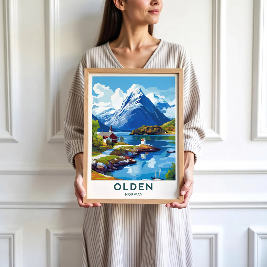 Vintage travel art illustration depicting Olden village in Norway along the calm shores of Nordfjord under a bright summer sky. Designed for modern home decor, select between lightweight unframed paper prints, solid wood display frames, or gallery wrapped canvas panels.