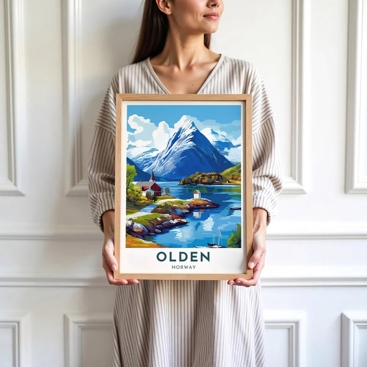 Vintage travel art illustration depicting Olden village in Norway along the calm shores of Nordfjord under a bright summer sky. Designed for modern home decor, select between lightweight unframed paper prints, solid wood display frames, or gallery wrapped canvas panels.