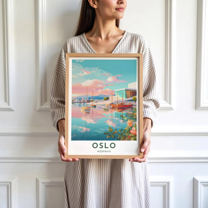 Charming Scandinavian illustration showing the Oslo Opera House waterfront with centered capital typography and soft sky gradients. Designed for home decor, select between lightweight unframed paper prints, solid wood display frames, or gallery wrapped canvas panels.