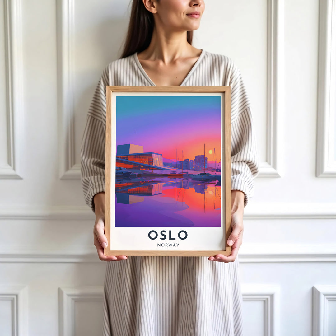 Atmospheric travel artwork displaying the Oslo Opera House with centered capital typography against a dramatic purple sunset harbor in Norway. Designed for home decor, select between lightweight unframed paper prints, solid wood display frames, or gallery wrapped canvas panels.